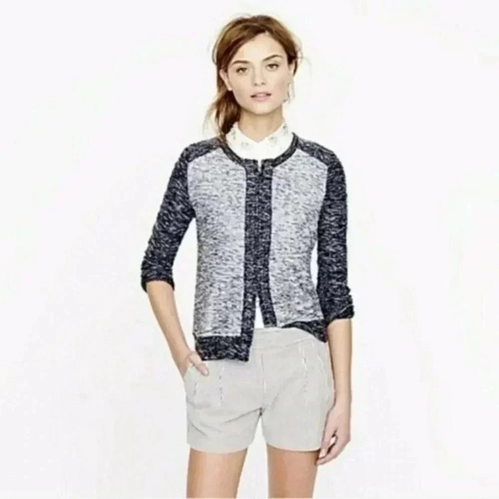 J. Crew Boucle Jacket Zip Cardigan Indigo Blue Grey Color Block XS X-Small 0 2